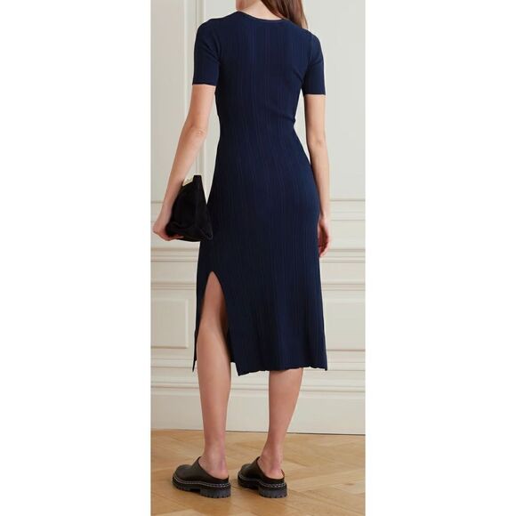 Frame Twist-Front Ribbed Stretch-Knit Midi Dress in Navy NWOT Size Small - Picture 2 of 10